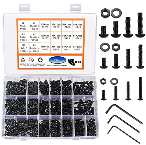 SZJYG 780 Pcs Hex Socket Head Cap Screws Bolts and Nuts and Washers Kit, M3 M4 M5 Black Pan Head Hex Socket Button Screws Nuts and Bolts, Threaded Machine Hex Screws Bolts and Nuts and Washers Set