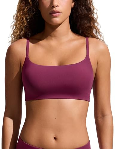 CRZ YOGA D-DD Scoop Neck Bikini Tops for Women - Padded Adjustable Spaghetti Straps Bathing Swimsuit Sports Bra Fuchsia Small
