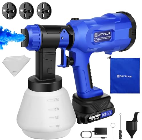 Cordless Paint Sprayer & Battery Airless HVLP Electric Spray Gun Kit Wall Fence with 1500mAh Battery and Charger, 4 Nozzles/3 Patterns, and Adjustable Valve, With gloves