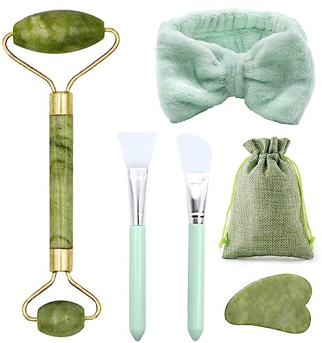 Scettar 6 Stück Jade Gua Sha Stein Set, Natürlicher Jade Massageroller, Gesichtsroller Massagewerkzeug für Augenschwellungen Hautstraffung Face Massager