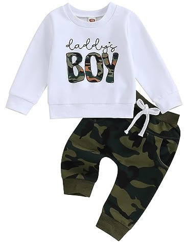 Carolilly Ensemble de vêtements pour bébé garçon avec imprimé de lettres - T-shirt à manches longues + pantalon camouflage à cordon de serrage - 2 pièces - Ensemble de survêtement pour bébés garçons