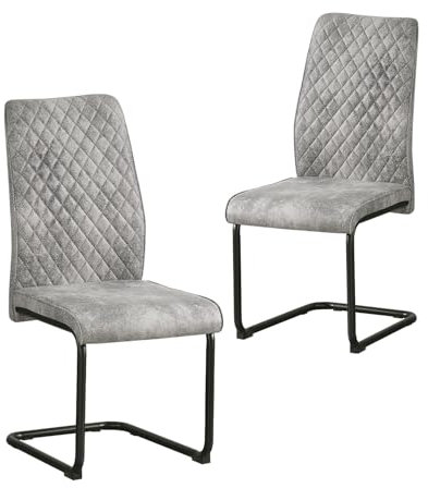 B&D home® Esszimmerstühle Theo 2er-Set – gepolsterte Freischwinger mit Rautensteppung, Wildlederoptik Grau, ergonomische Sitzfläche, schwarzes Metallgestell, Industrial Design für Küche & Esszimmer