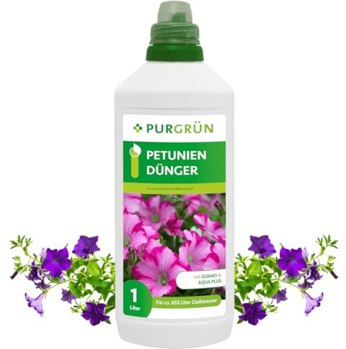 Purgrün® Petunien-Dünger 1 Liter – Organisch-mineralische Rezeptur – Premium-Flüssigdünger mit Spurennährstoffen – NPK 8+8+6 – Mit Guano & Aqua Plus – Für farbenprächtige Blüten