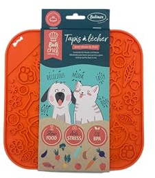 BUBIMEX – Alfombra para lamer 20 x 20 cm, Color Naranja para Perros y Gatos con Ventosa, antiglotón, antiestrés, Silicona sin BPA, Apto para lavavajillas y congelador, Reduce el Mal Aliento