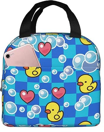 Toiyugd Wiederverwendbare süße lustige Seifenblasen-Herzen, gelbe Gummi-Enten, Lunchtasche für Unisex, weit geöffneter Reißverschluss, isolierte Lunchtasche, geeignet für Reisen, Picknick, Büro,