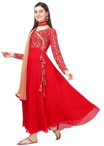 Estationeryhouse Kurta Kurti Georgette Anarkali pour femme avec broderie lourde avec dupatta contrastée (bas non inclus), Rouge, M