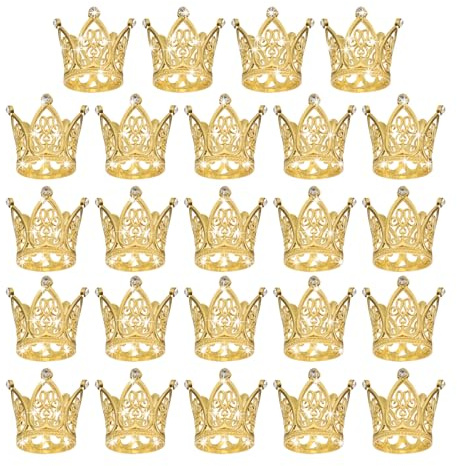 Sourcing Map 24pc Mini Crown Cake Toppers - Alloy Queen Princess Little Gold Tiara Cupcake Heart Shaped with Pearl Rhinestone for Birthday Cake Decor Wedding Party