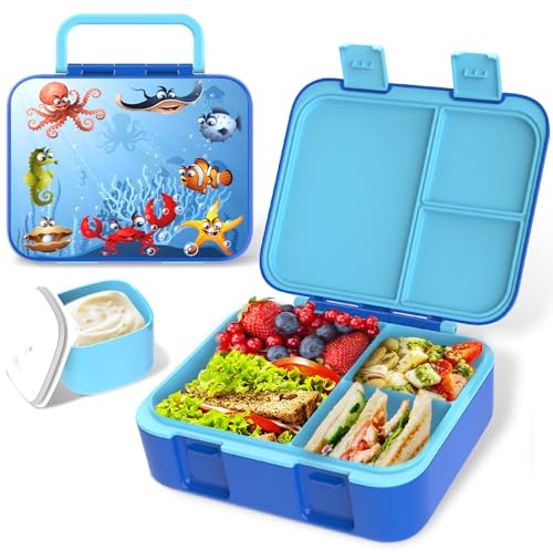 Anyiner Brotdose Kinder mit Fächern, Auslaufsicher Bento Box Kinder Mikrowellengeeignet Lunchbox, BPA-frei Jausenbox mit Soßenbecher für Schule & Kindergarten (Ozean Schätze)