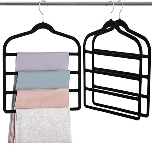 3 Pack Velvet Trouser Hangers - 4-Layer Space Saving, Non Slip for Jeans, Trousers, Leggings, Tie, Scarf and Towel - Multi Layer Pants Hanger for Clothes - Small Wardrobe Friendly