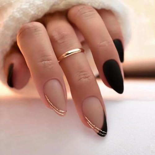 JUSTOTRY 24 Pièces d'Ongles Faux Courts au Motif Spirale d'Or, Ongles Press-On en Almond Matte Noir, Jolis Ongles Collés Ovalés Français en Cadeau pour les Femmes