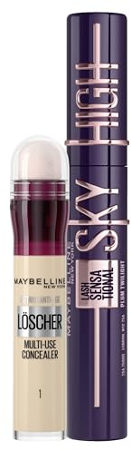 Make-Up Set aus Maybelline New York Lash Sensational Sky High Plum Twilight, dunkelviolette Mascara, 7 ml + Maybelline New York Abdeckstift, Instant Anti-Age Effekt Concealer, Nr. 01 Light, 6,8 ml