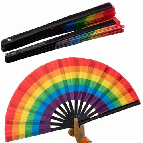 YLOIJO Large Folding Hand Rave Fan for Pride Day, LGBT Chinese Japanese Bamboo and Nylon-Cloth Folding Hand Fan (Colorful)