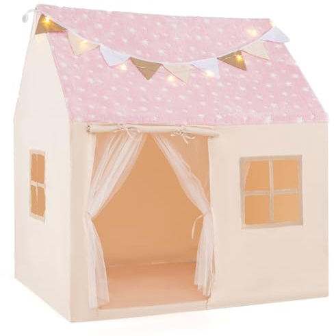 COSTWAY Kids Play Tent, Glow in the Dark Playhouse with Padded Mat, Star String Lights, Flags, Indoor Large Castle Fairy Tents for Boys Girls