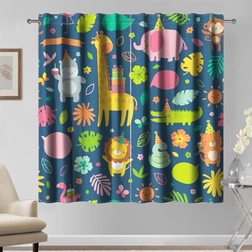 Kzzfqxb 117x138cm Kindervorhänge 2 Paneele, Dunkelblau Tiere Zoo Giraffe Elefant Nilpferd Tiger Löwe Krokodil Cartoon Malerei Bedruckte für Kinder Jungen Baby Schlafzimmer