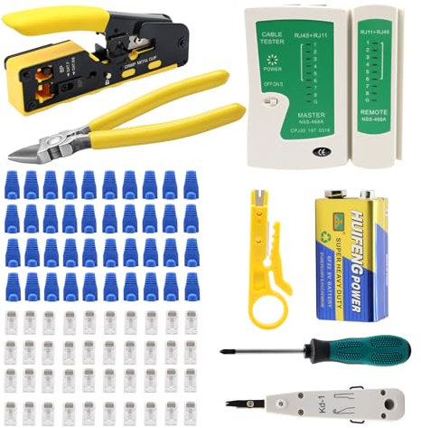 Netzwerk Werkzeug Set,RJ45 Crimpzange Netzwerkstecker Set Mit 50 x LAN Kabel Stecker, Abisolierzange, Netzwerktester, RJ45/RJ11/RJ12 Netzwerk Reparatur Kit