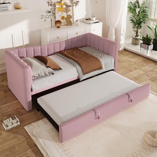 Huayz Schlafsofa, Doppelbett 90/180x200cm,Kinderbett Daybett Tagesbett mit Ausziehbares Rollbett,Hautfreundlichem Samtstoff,Minimalistischer Stil,Ohne Matratze (Rosa)