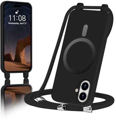ColasGalys für handykette iPhone 16 Hülle mit Band Magnetisch Kompatibel mit Mag Safe für Handyhülle iPhone 16 mit Band Kratzfest TPU Silikon schwarz