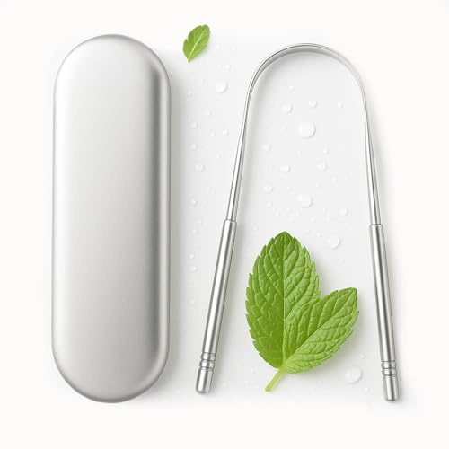 Medical Grade Stainless Steel Tongue Scraper, Non-Gag Design, Anti-Irritation Bevel, Fresh Breath Cleaner, Metal Travel Case. Easy to Use Tongue Cleaner for Hygiene and Self Care.