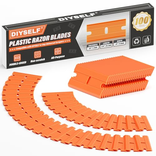 DIYSELF 100 Kunststoff-Rasierklingen, Schaber Klingen für Kunststoffschaber | 100 kratzschonende Ersatzklingen für Kunststoffschaber für Klebereste, Aufkleber und Folien auf Glas, Metall und Fliesen