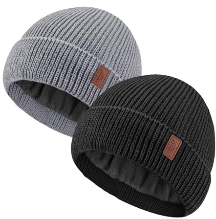 JFAN Mössa Män och Kvinnor Vinter Stickad Dockermössa Fleece Slouch Ullmössa Vintermössa med Rullande Skalle Keps Unisex, Svart + grå, one size
