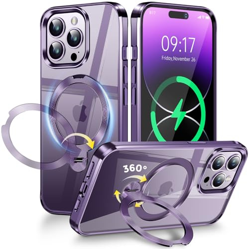 [Anello CD in Metallo & Supporto Invisibile Rotazione 360°] Custodia Magnetica per iPhone 14 Pro Max [Compatibile con Magsafe][Paraurti Antiurto Elettrodeposto] Custodia Trasparente - Viola