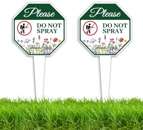 WEBEEDY Paquete de 2 letreros de doble cara para patio, con texto en inglés No Spray, letrero de agradecimiento para patio, césped, jardín, 15 x 30 cm, aluminio inoxidable para uso en exteriores