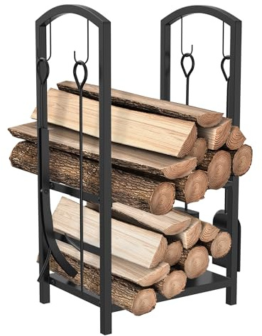 PEILU 40x38x75cm Holzlager Innen Kaminholzregal mit 4 Haken, Schaufel, Zange, Bürste & Feuerhaken, Metall Brennholzregal Doppelschicht Kaminholzständer mit Großer Lagerung für Innen & Außen Kamine