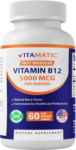 Vitamatic Vitamin B12 5000 mcg – 60 Fast Dissolve Tablets Berry Flavor – Supports Energy Production & Nervous System Health – Non-GMO, Gluten-Free