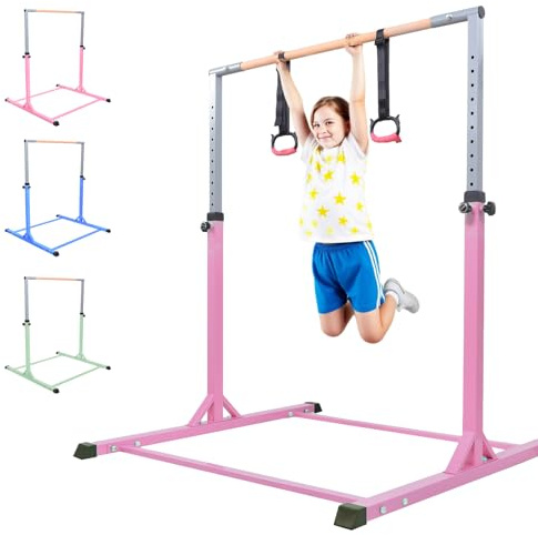 Barra de gimnasia para niños, altura ajustable, 13 posiciones (98-159 cm), construcción triangular de acero estable con mango de madera, soporta hasta 200 kg, base antideslizante, entrenamiento en