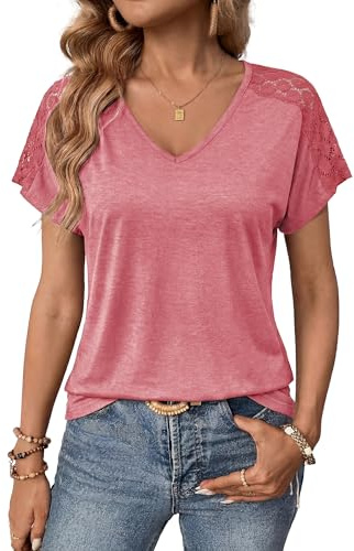 Aottori T-Shirt Donna Manica Corta con Pizzo Scollo a V Estiva | Maglietta Elegante, Basic Top, Elasticizzato, Sexy, Tinta Unita, Stile Casual per Tempo Libero