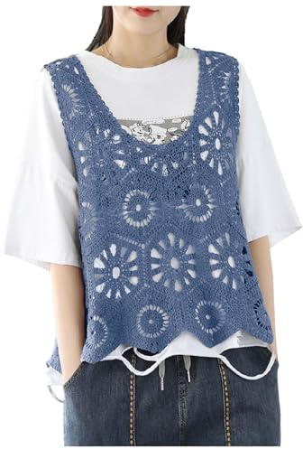 Chaleco De Punto para Mujer Sin Mangas Crochet Calado Bordado Estampado Floral Cuello Cuadrado En V Estilo Bohemio Vintage Corta Holgada Ligera para Playa Verano Informal Ropa De (Blue, One Size)