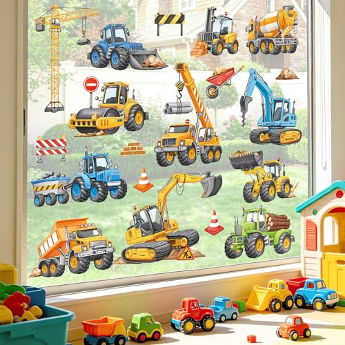 decalmile Pegatinas de Ventana Infantiles Construcción Vehículos Vinilos para Ventanas Coches Excavador Camiones Anticolisión Vinilo No Adhesivo de Pegatinas Vidrio Ventana