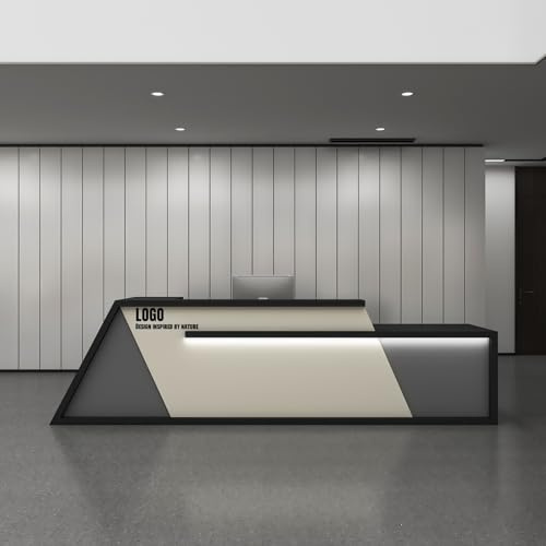 Receptionsskrivbord, modern receptionsbänk med dold omgivningsbelysning, anpassningsbar logotyp, snygg detaljhandelsdisk för kontor eller hem, ingen montering krävs
