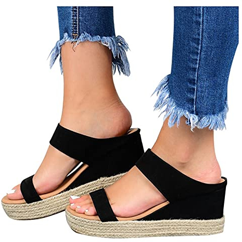 Kilsandaler dam med tjock botten fiskmun Espadrille fotledsrem med öppen tå högklackad sommarplatta från sandaler, svart, US10/EU42