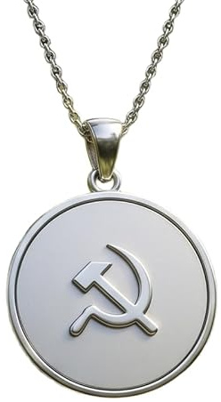 Collana con ciondolo a forma di falce e martello in rilievo, realizzata in argento sterling 925 con placcatura in argento, catena a maglia da 45 cm, ciondolo rotondo per gioielli unisex |WW_EMBO_00903