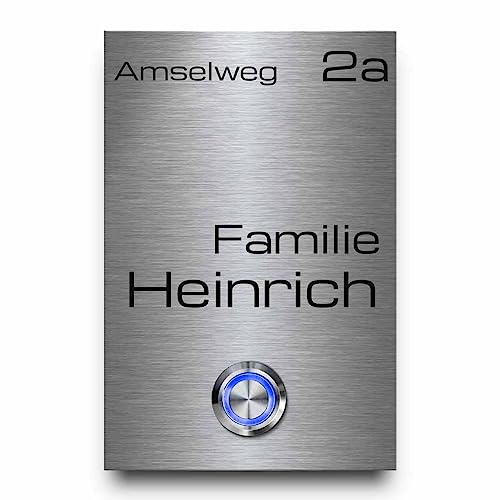 Rostfreie Edelstahl Türklingel - Modell Heinrich 8x12 cm | Personalisierte Gravur mit Wunschtext und Motiv - Optionales Zubehör und LED-Klingelknopf