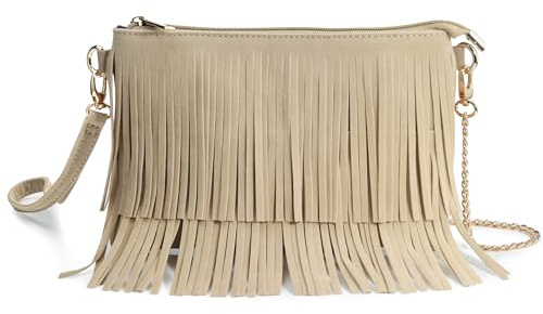 Hoxis Fringe Cross Body Bag Womens Small Shoulder Bag Top Zip Wristlet, Khaki, S