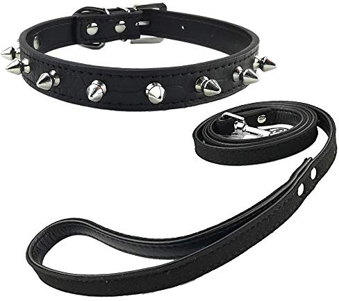 Newtensina Mode Hundehalsband und Leine mit Nieten Punk Krokodil-Korn Nieten Welpen Halsband und Wildleder Leine für Hunde - Black - M