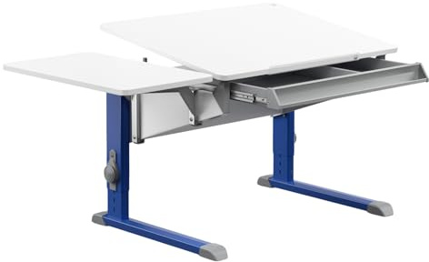 Moll Bandit Kinderschreibtisch höhenverstellbar | mitwachsend, ergonomisch & neigbar für aufrechtes Sitzen | ideal für Schulkinder | Schreibtisch weiß (Side Top & Schublade, Blau, 90cm x 70,5cm)