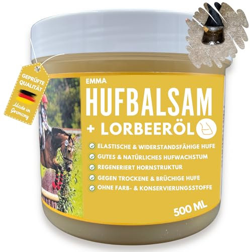 EMMA Huffett Pferde mit Lorbeeröl 500 ml Hufgel gelb I Hufbalsam für Pferde gesunde Hufe I Huffett Pferd mit Pinsel auftragen gegen trockene Hufe & Strahlfäule Pferd Mittel I Huf Fett Strahlmittel