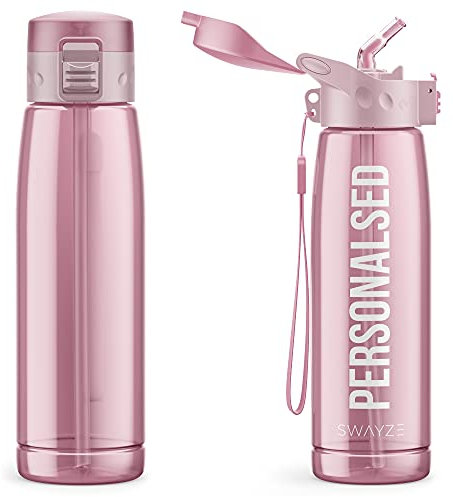 Swayze Personalised Water Bottle With Straw 660ml, School Water Bottles Boys Girls, Gym Bottle Bpa Free Cycling Sports Add Your Custom Text To Bottle (Pink)
