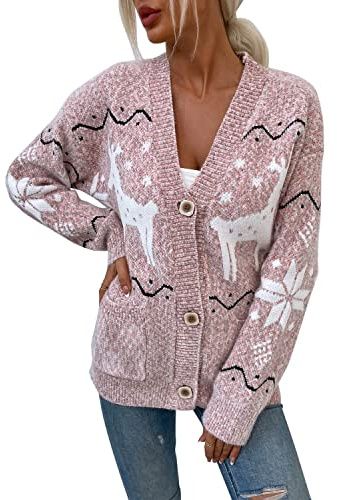 Womens Knit Cardigan Reindeer Print Long Sleeve Lightweight Aztec Comfy Chunky Sweater Outerwear