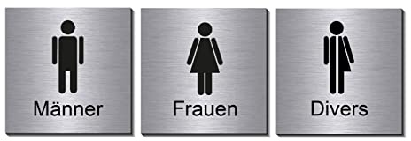 3er Set-Männer-Frauen-Divers-Toilette-Dritte Geschlecht-Toilettenschild-100 x 100 x 3 mm-Design Schild-Aluminium-Edelstahloptik-Hinweisschild (1910-4-5-102 - 10 x 10 cm mit Klebepads)