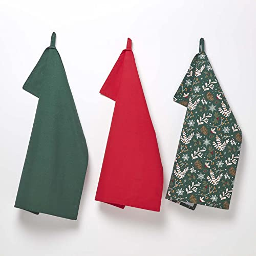 Homescapes 3er-Set Weihnachts-Geschirrtücher Weihnachtswald grün-rot, 3 Küchentücher aus 100% Baumwolle, saugfähige Geschirrhandtücher mit Weihnachts-Dekor