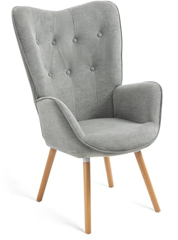 MEUBLE COSY Fauteuil Salon Scandinave Confortable Chaise de Coiffeuse Canapé de Loisirs pour Chambre Salle à Manger Bureau avec Assise Épais Accoudoirs Rembourés en Tissu Pieds Bois Massif, Gris
