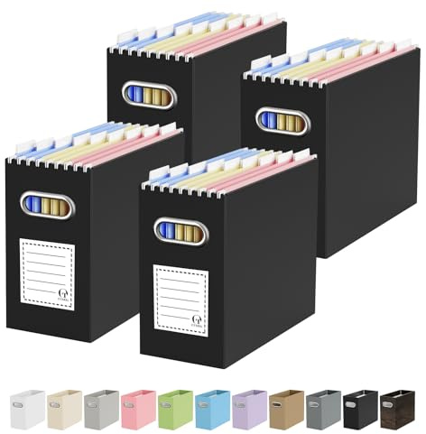 Oterri File Organizer Box, Portable Collapsible Cardboard File Folder Organizer with Handle for Letter Size Hanging Files, Document Storage Box for Home Office & Classroom (4 Packs, Black)