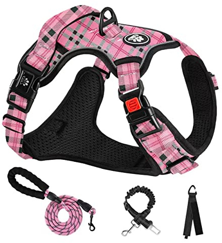 NESTROAD Rosa pläd inget drag hundsele och koppel set för medelstora stora hundar, storlek L flyktsäker hundväst halssele 15 ~ 48 cm bröst 49 ~ 73 cm, reflekterande justerbar husdjursväst för träning