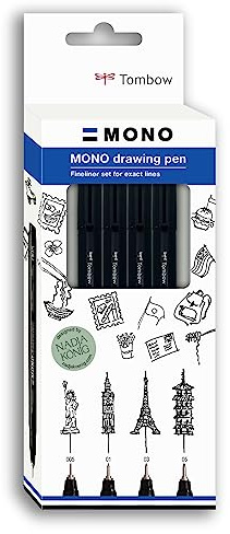 Tombow Fineliner MONO ritpenna, set Fin, pigmentbläck, vatten- och ljusbeständigt, för skisser, för att illustrera och rita, svart, set med 4, WS-EFL-H-F-4P