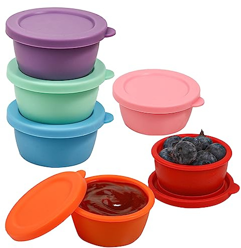 KOLUTI 6 Pack Salad Dressing Container to Go, Nonstick Silicone 1.6oz Sauce Cup for Lunch Bento, Small Condiment Storage Box with Lid, Leak-Proof, BPA Free, Dishwasher & Microwave & Oven Safe