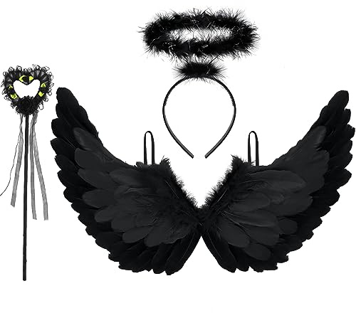 Newthinking Alas de ángel negro y halo, disfraz de diablo negro para mujer, disfraz de ángel oscuro, fiesta de disfraces de Halloween para adultos y niños, talla única, conjunto de accesorios